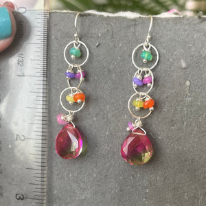 Color Lover Sapphire Pink to Peridot Green Doublet and Opal Dangle Earrings