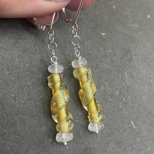 Load image into Gallery viewer, Dichroic Lemon Murano Glass Dangle Earrings, Opal and Quartz, Metal options