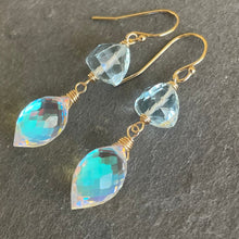 Load image into Gallery viewer, Aquamarine Quartz and Fire Rainbow Moonstone Dewdrop Dangles, metal choices