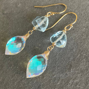 Aquamarine Quartz and Fire Rainbow Moonstone Dewdrop Dangles, metal choices