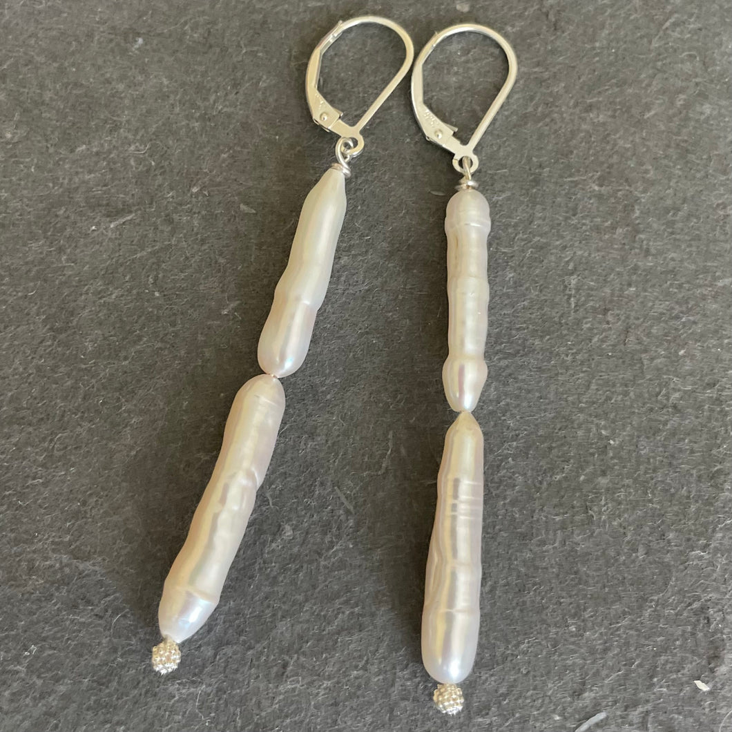 Japanese Biwa Freshwater Pearl Dangle Earrings, OOAK