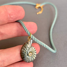 Load image into Gallery viewer, Labradorite and Cubic Zirconia carved Ammonite Necklace, Light Teal Cord