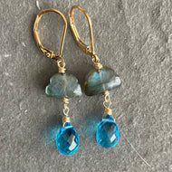 Labradorite Raincloud and Raindrop Quartz Earrings in sterling, rose gold or gold