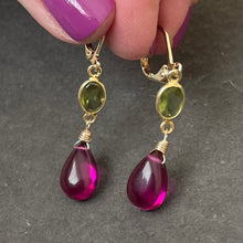 Load image into Gallery viewer, Natural Peridot and Magenta Quartz Dangle Earrings