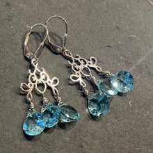 Load image into Gallery viewer, Aquamarine Sparkle Scroll Chandelier Earrings, OOAK