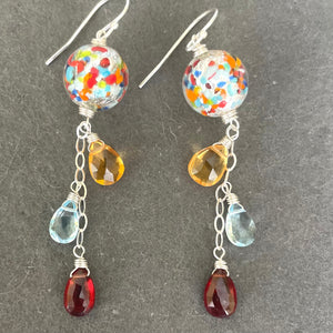 Sterling Version Klimt-ish Murano Glass and Gemstone Dangle Earrings