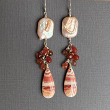 Load image into Gallery viewer, Biwa Pearl, Pink Agate and Andesine Labradorite Earrings, OOAK