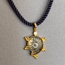 Load image into Gallery viewer, Labradorite carved Ammonite Necklace, Bubble Bezel, Navy Cord