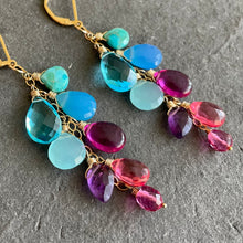 Load image into Gallery viewer, Kingman Turquoise, Chalcedony, Amethyst and Quartz Cascade Cluster Earrings, metal and earwire options