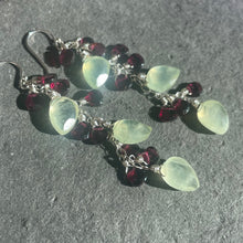 Load image into Gallery viewer, Cherry Tree Prehnite and Garnet Cascade Earrings