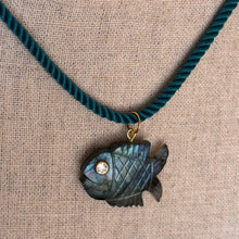 Load image into Gallery viewer, Go Fish! Labradorite and Cubic Zirconia Carved Fish Necklace, Teal Cord