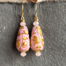 Load image into Gallery viewer, Pink and Gold oh la la Teardrop Murano Glass Dangle Earrings