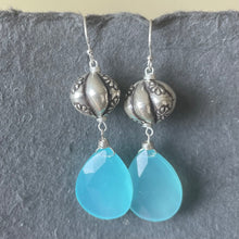Load image into Gallery viewer, Sterling Flower Aqua Chalcedony dangles