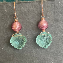 Load image into Gallery viewer, Aquamarine Carved leaf and Murano Glass Earrings, Metal Options