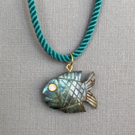 Go Fish! Labradorite and Cubic Zirconia Carved Fish Necklace, Teal Cord