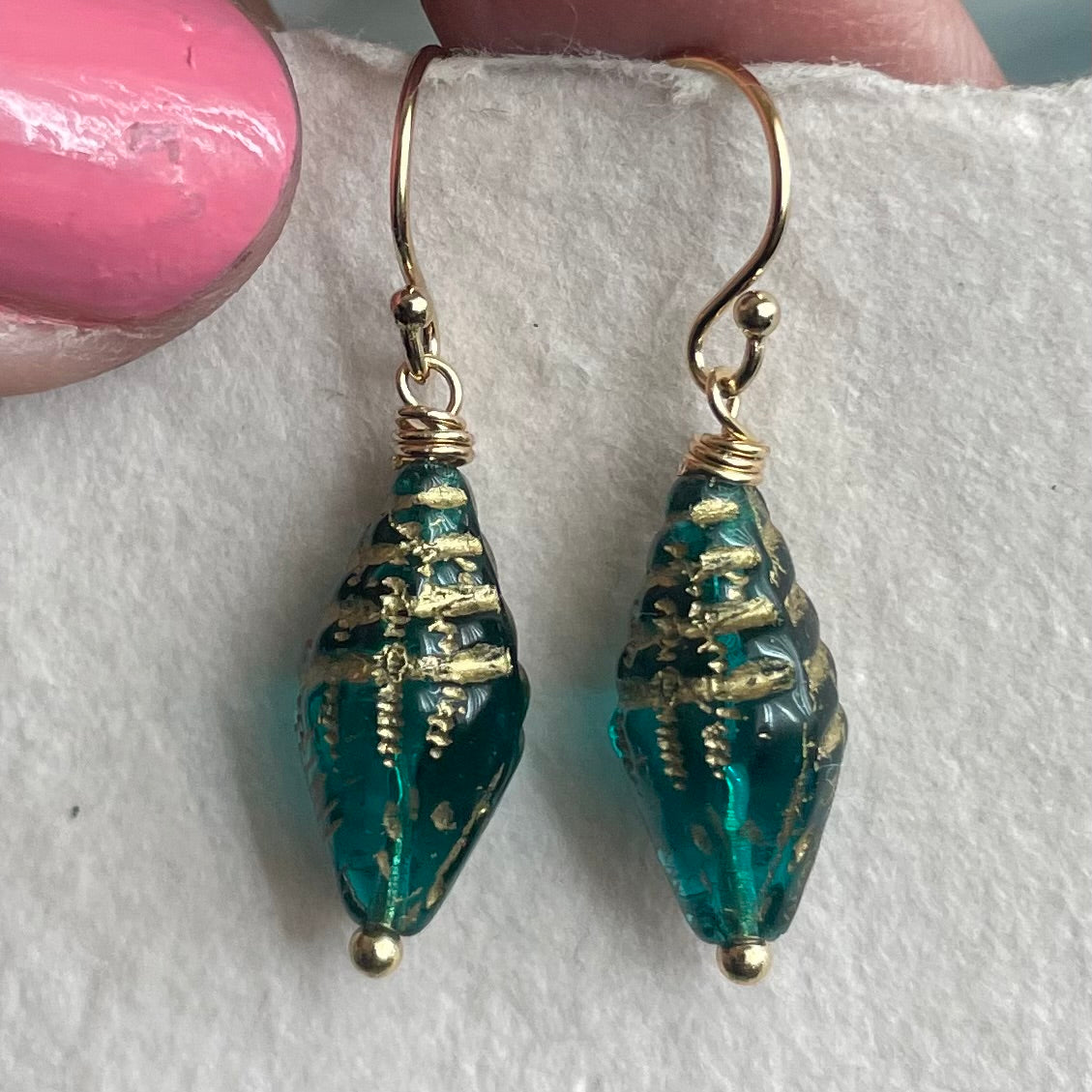 Conch Shell Earrings, Teal Czech Glass – Sueanne Shirzay Jewelry