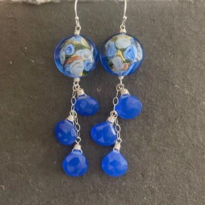 Tanzanite Blue Sweet Roses Murano Glass, Chalcedony Dangle Earrings