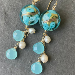 Blue Sweet Roses Murano Glass, Chalcedony and Pearl Dangle Earrings