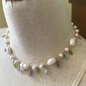Vintage Estate Baroque Pearl Necklace, Amethyst, Peridot Carved Leaves