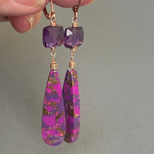 Load image into Gallery viewer, Purple Turquoise and Cushion Cut Quartz earrings, OOAK