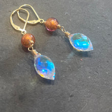 Load image into Gallery viewer, Murano Glass and Fire Rainbow Moonstone Dewdrop Dangles, metal choices