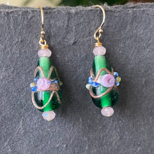 Load image into Gallery viewer, Vintage Wedding Cake Emerald Green Teardrop Earrings, Metal Options
