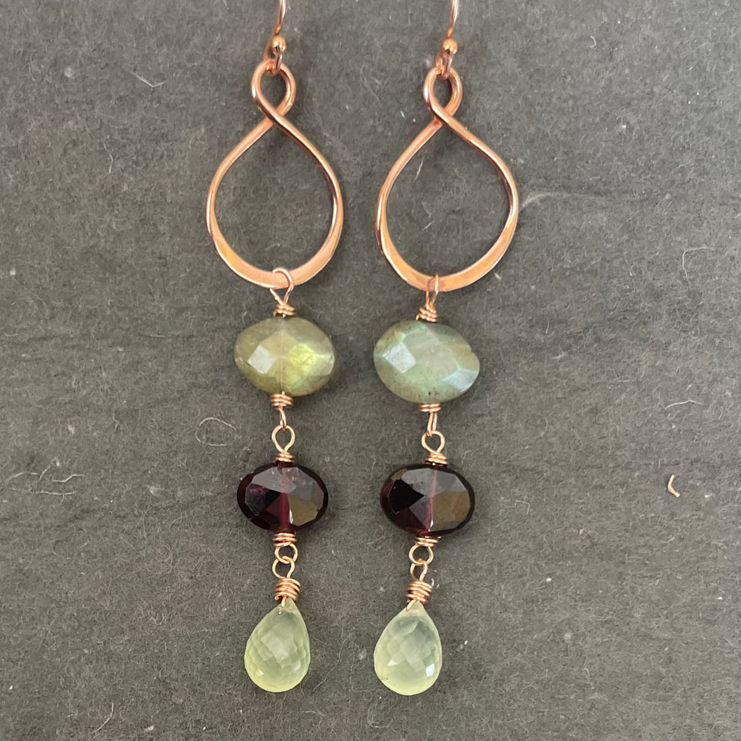 Rose Gold Infinity Hoops, Labradorite, Garnet and Prehnite Gemstones, OOAK