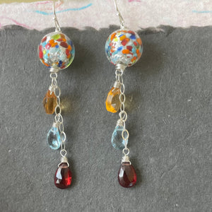 Sterling Version Klimt-ish Murano Glass and Gemstone Dangle Earrings