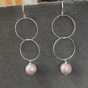 Mauve-y Pink Edison Pearl Double Hoop Earrings, Sterling Silver, OOAK
