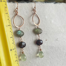 Load image into Gallery viewer, Rose Gold Infinity Hoops, Labradorite, Garnet and Prehnite Gemstones, OOAK