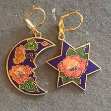 Load image into Gallery viewer, Vintage Cloisonné Estate Moon and Star Earrings, OOAK