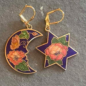 Vintage Cloisonné Estate Moon and Star Earrings, OOAK