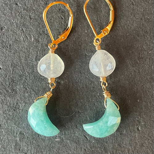 Rainbow Moonstone and Amazonite Moon Mini Dangle Earrings, OOAK