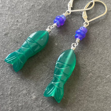 Load image into Gallery viewer, Carved Green Onyx and Opal Fish earrings