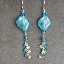 Load image into Gallery viewer, Blue Swirl Murano Glass and Opal Dangle Earrings