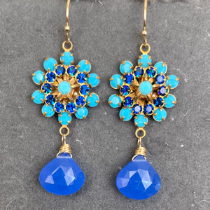 Turquoise Crystal and Sapphire Chalcedony Floral Dangle Earrings