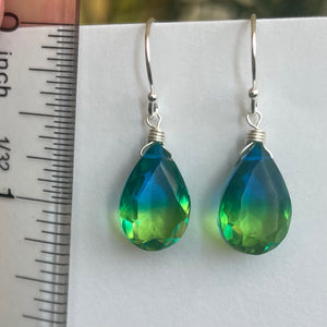 Sparkling Paraiba to Emerald PEAR cut Doublet Dangles, metal and earwire options available, Vibrant