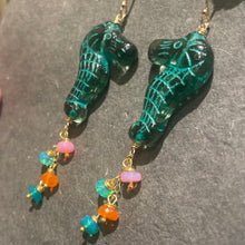 Load image into Gallery viewer, Seahorse Czech Glass and Opal Earrings, OOAK