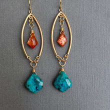 Load image into Gallery viewer, Chrysocolla and Sunstone Marquis Open Hoop Earrings, OOAK