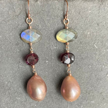 Load image into Gallery viewer, Edison Pearl, Labradorite and Rhodolite Dangles, 14k rose gold filled earrings,OOAK