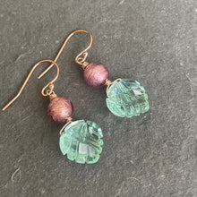Load image into Gallery viewer, Aquamarine Carved leaf and Murano Glass Earrings, Metal Options