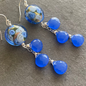 Tanzanite Blue Sweet Roses Murano Glass, Chalcedony Dangle Earrings