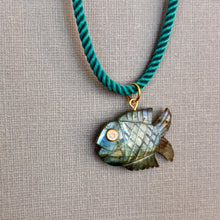 Load image into Gallery viewer, Go Fish! Labradorite and Cubic Zirconia Carved Fish Necklace, Teal Cord