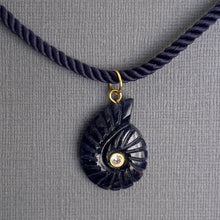 Load image into Gallery viewer, Sodalite and Cubic Zirconia carved Ammonite Necklace, Navy Cord