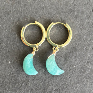 Amazonite Moon Huggie Earrings, OOAK