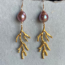 Load image into Gallery viewer, Baroque Pearl Coral Branch Chandelier Earrings, Mauve, OOAK