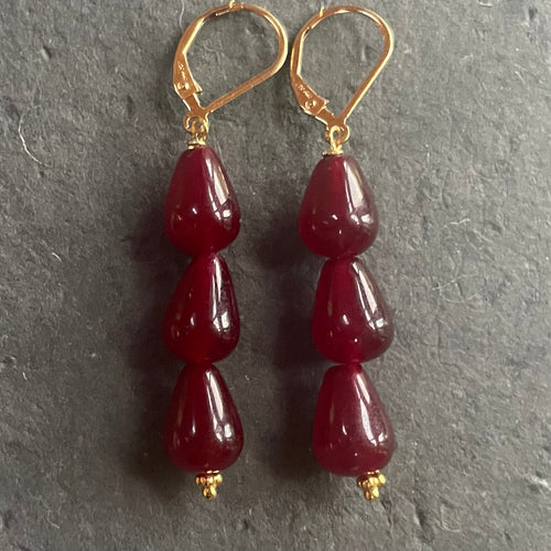 Garnet Red Jade Straight Dangle Trio Earrings