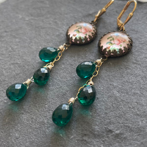 Emerald Green Floral Vintage Look Cascade Earrings