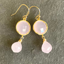 Load image into Gallery viewer, Glowing Pink Chalcedony Dangle Bezel Earrings