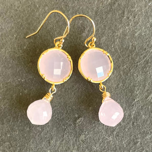 Glowing Pink Chalcedony Dangle Bezel Earrings